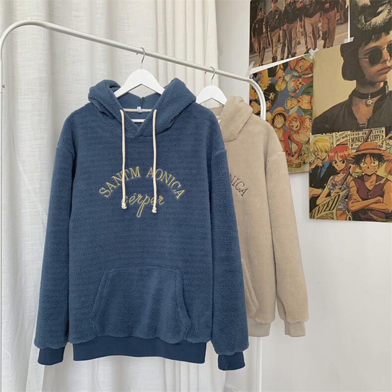 703-W199-P58秋冬港风加绒羊羔毛卫衣 绣花套头帽衫图片