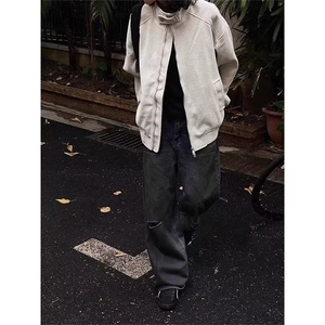 美式街头纯色立领运动外套男女春秋新款潮牌宽松情侣休闲毛呢夹克