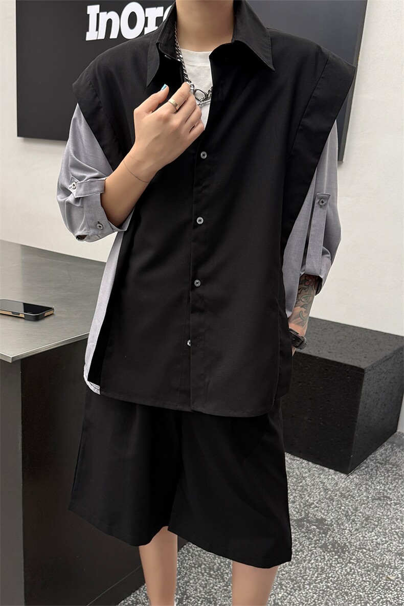 抗皱冰丝假两件拼接衬衫修身短裤套装商务百搭时尚套装显瘦特P68,男装牛仔裤,电商B319