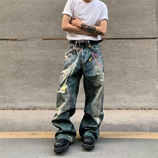 打印糖果裤链印花baggy牛仔裤男女宽松直筒阔腿裤子XX711，男装牛仔裤，星座208-5