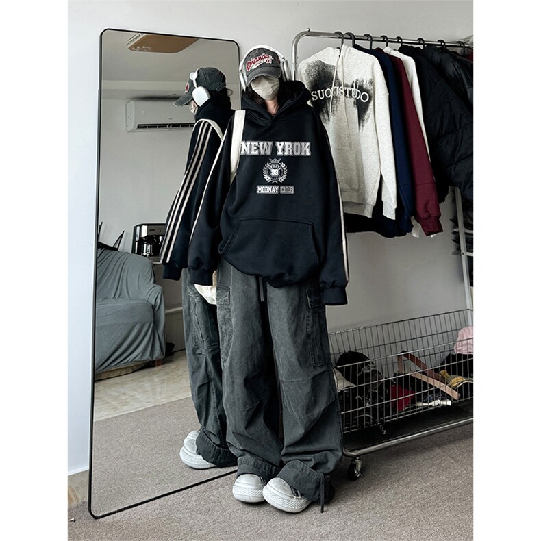 抖音得物供货提供视频秋冬重磅美式宽松织带连帽卫衣0619,男装卫衣,电商A486
