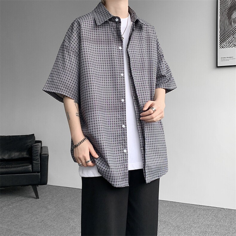8XL-M短袖衬衫男夏宽松慵懒风痞帅条纹格子衫半袖外套DC28005P40,男装衬衫,电商B312