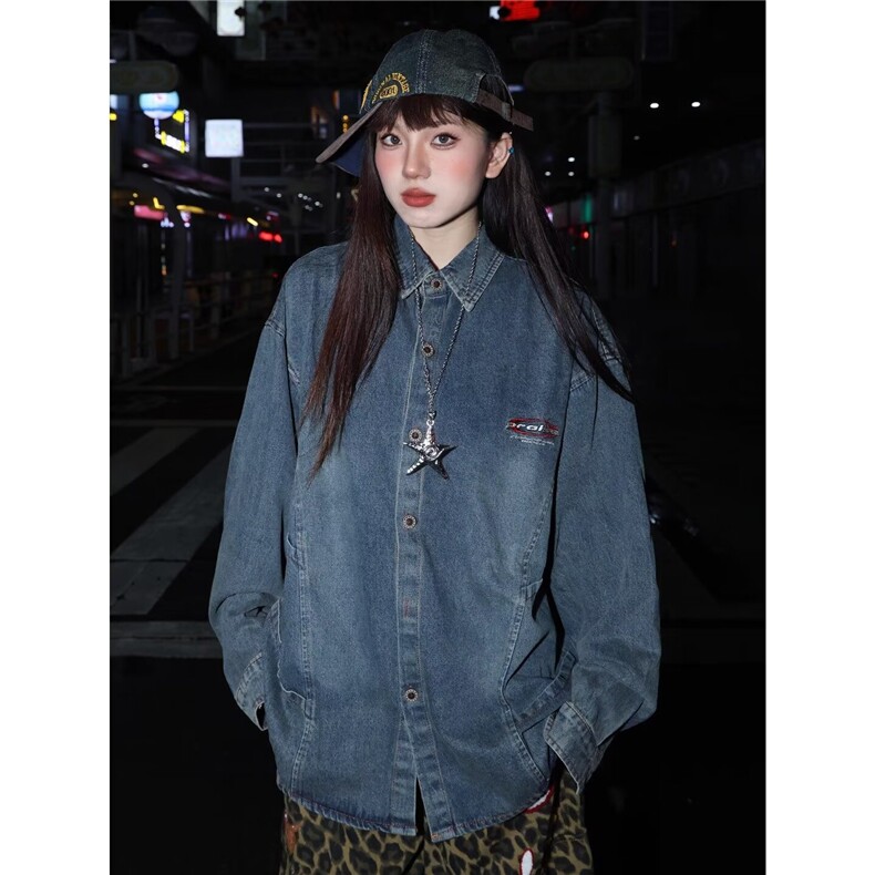 SH1007-P65美式复古刺绣牛仔衬衫男女新款宽松休闲百搭衬衣外套,男装衬衫,电商C233B
