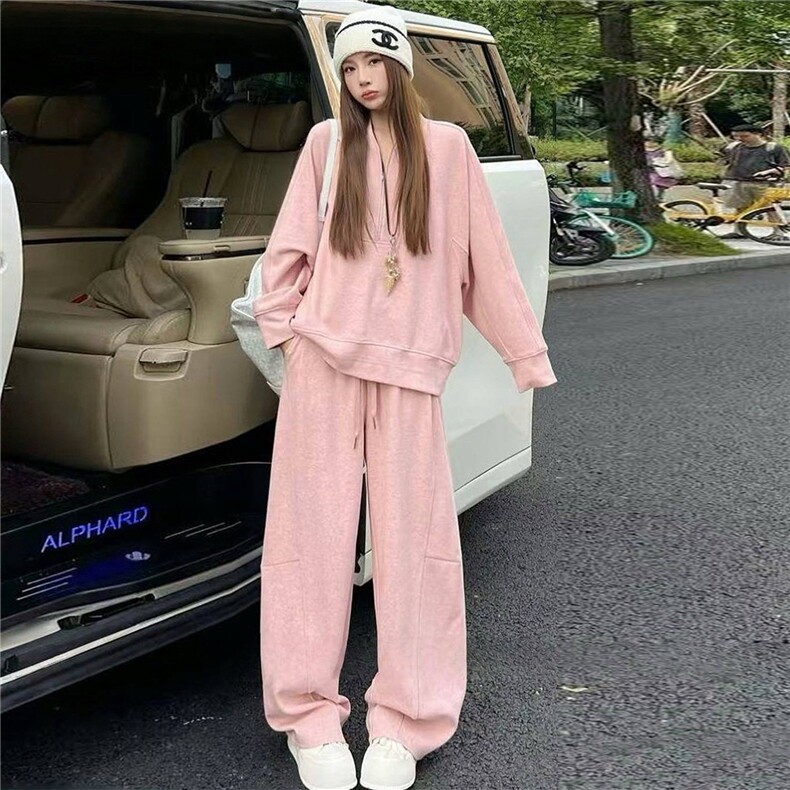 时尚休闲套装女秋季新款宽松洋气减龄纯色圆领卫衣阔腿长裤两件套,女装套装/套裙,江南