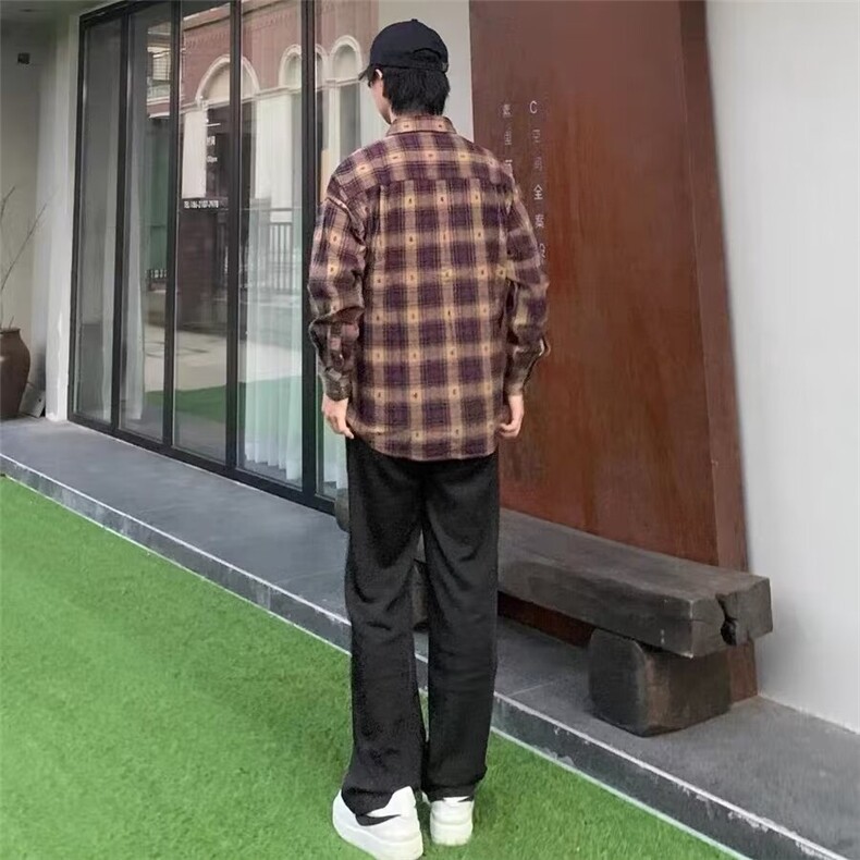 1506/QJ010/P54美式复古格子衬衫男女新款衬衣韩版ins百搭上衣潮,男装衬衫,星座1506