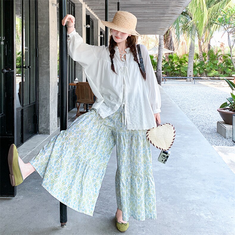 夏日松弛感穿搭套装2025新款白色防晒长袖衬衫碎花阔腿裙裤两件套,女装套装/套裙,2D009