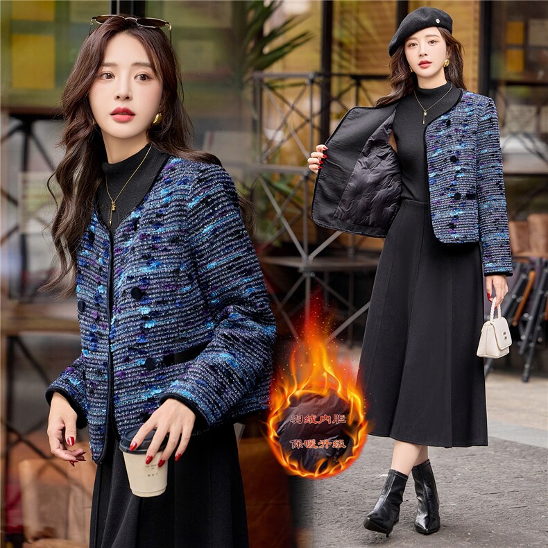 9110时尚双排扣小香风羽绒外套,女装短外套,依路服饰