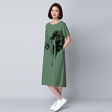 刺绣裙文艺风优雅中长款U型领麻短袖2492款，女装连衣裙，秋牧寒烟