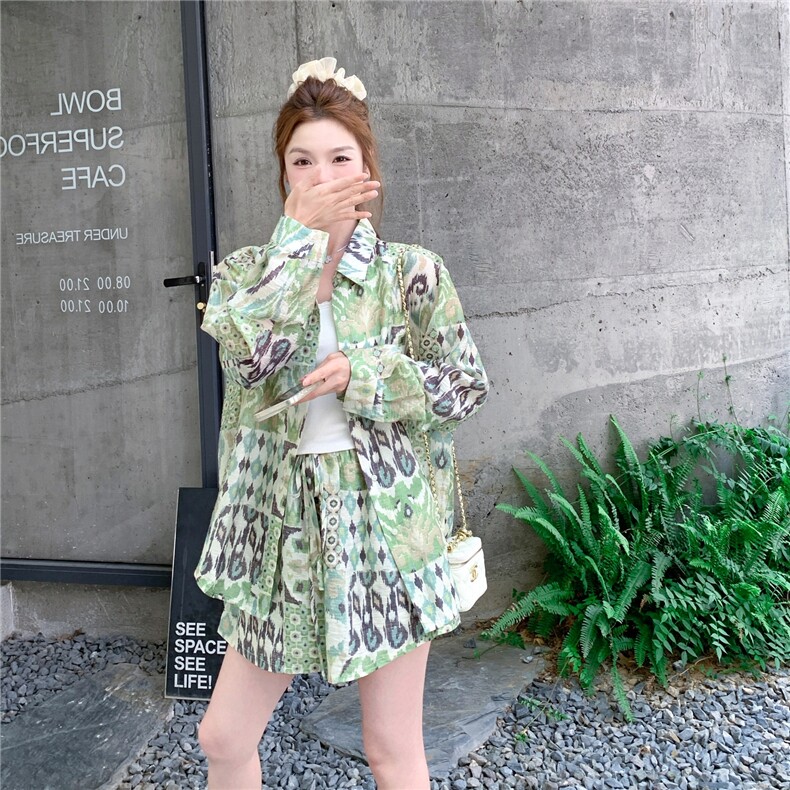 绿色防晒轻薄碎花衬衫短裤套装女2025夏季新款百搭印花衬衣两件套,女装套装/套裙,2C327