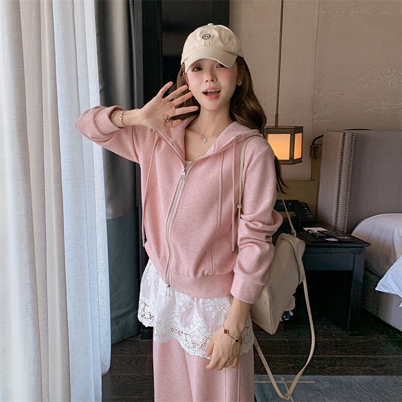 三件套粉色连帽卫衣蕾丝半裙休闲裤套装2C317A-8508-P180-K248,女装套装/套裙,2C317A