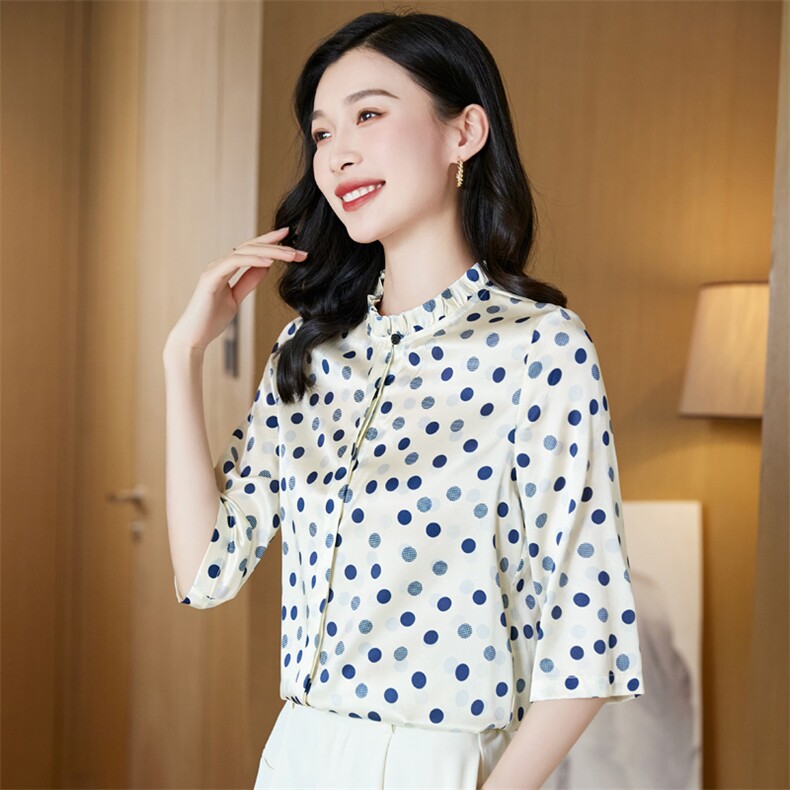 高档品牌重磅真丝衬衫女中袖桑蚕丝2025新款气质波点洋气大码上衣,女装衬衫,阿舍尔精品