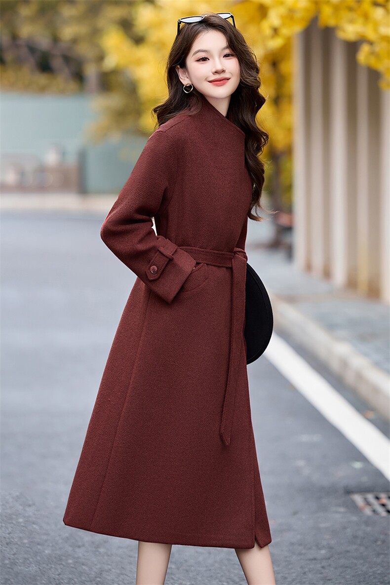 高级感优雅气质毛呢大衣女2025秋冬季新款中长款收腰系带显瘦外套,女装毛呢外套,卡杰菲