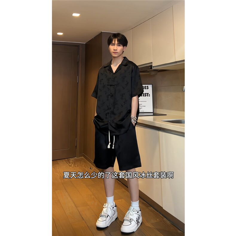 新中式风翻领盘扣短袖衬衫民族风提花短裤套装TZ606-特P65,男装衬衫,电商A006