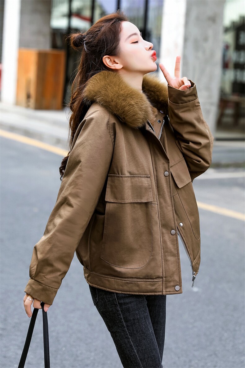 棉衣/棉服2021新款冬兔毛中长款工装带帽棉服女外套配毛领,女装派克服,瑶迪依秀