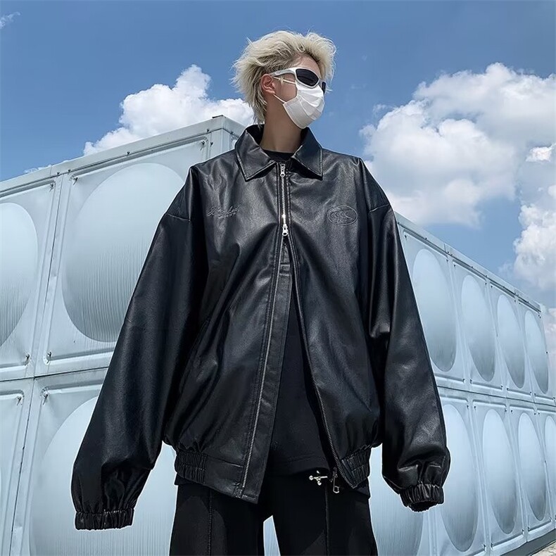 美拉德穿搭黑色皮衣外套女秋季美式复古宽松机车PU皮夹克上衣,男装夹克,星座716-2