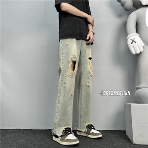 k1019-p50-控78 M-5XL 抖音美式高阶黄泥破洞拉链宽松大码牛仔裤,男装牛仔裤,星座116