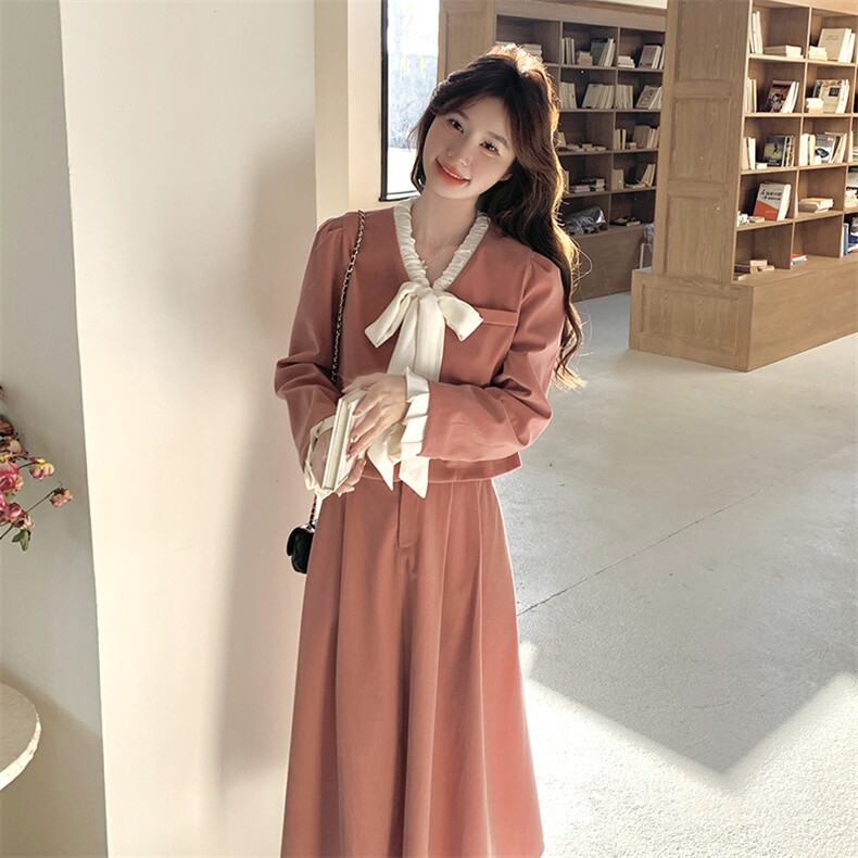 高级感穿搭法式粉色V领丝绒长袖连衣裙女初春秋好看长裙两件套装，女装套装/套裙，浪娴服饰