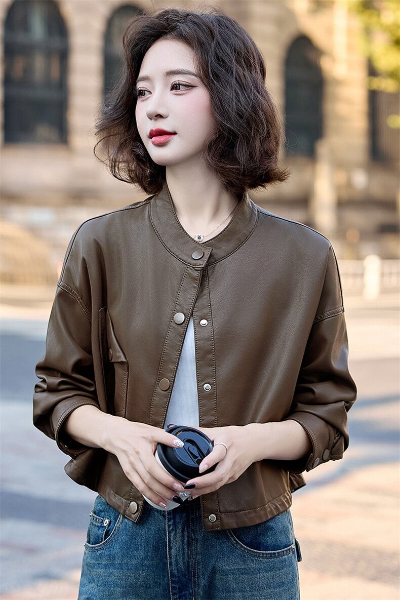现货立领皮衣2025年女秋季新款时尚百搭短款皮上衣,女装皮衣,英标秀（1C119）