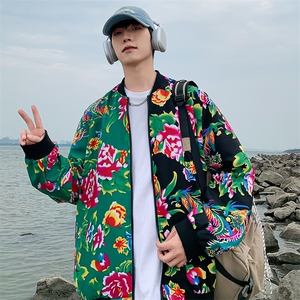 J01男女棒球领夹克外套东北大花汉服开衫左右拼接撞色潮春装图片