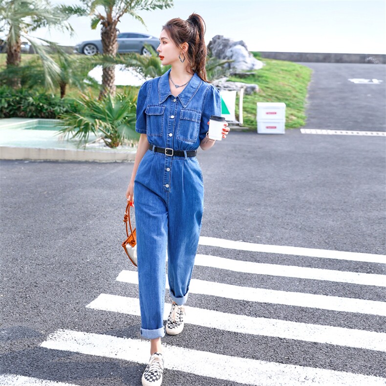 短袖牛仔连体裤女2022夏季新款女装韩版时尚显瘦连衣休闲裤,女装连体裤,慧尚依恋