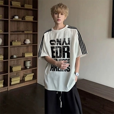 抖音得物品质二开240克宽松纯棉美式潮牌印花三条杠中性风短袖T恤，男装T恤，电商A486-1