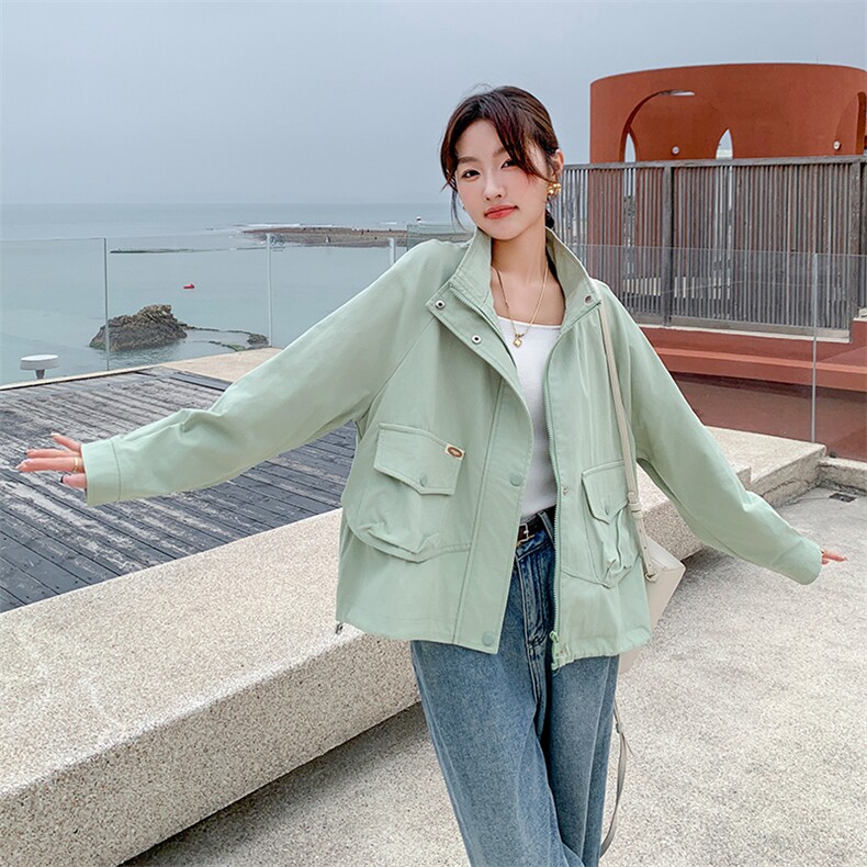 绿色工装外套女短款2024春秋新款宽松洋气减龄休闲百搭小个子夹克,女装短外套,辉之琳