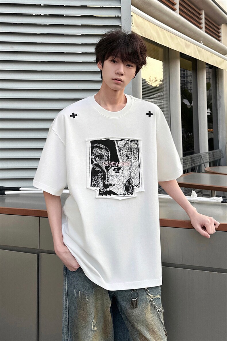 8XL-M美式街头风白色贴布男女情侣上衣短袖T恤半截袖DX330P48,男装T恤,电商D206-1