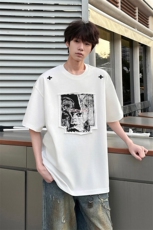 8XL-M美式街头风白色贴布男女情侣上衣短袖T恤半截袖DX330P48，男装T恤，电商D206-1