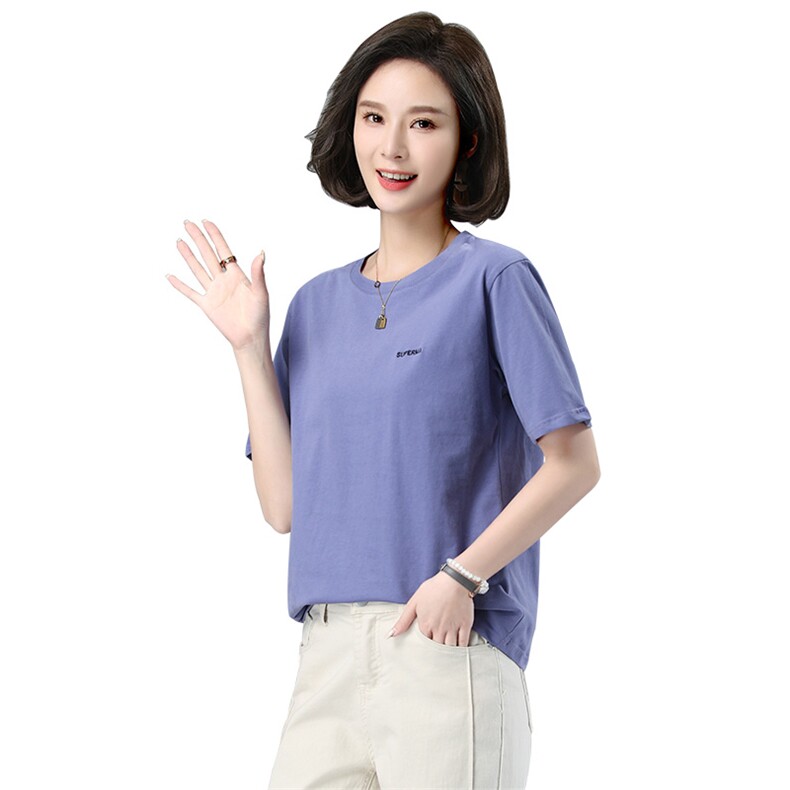 2023夏装新款圆领字母宽松短袖女T恤全棉,女装T恤,伊满意