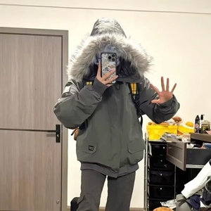 美式复古设计感大毛领棉服男女冬季保暖宽松情侣连帽工装棉衣外套图片