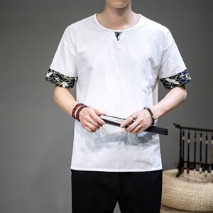 2021风男夏季棉麻短袖T恤宽松大码复古上衣QT6005-T图片