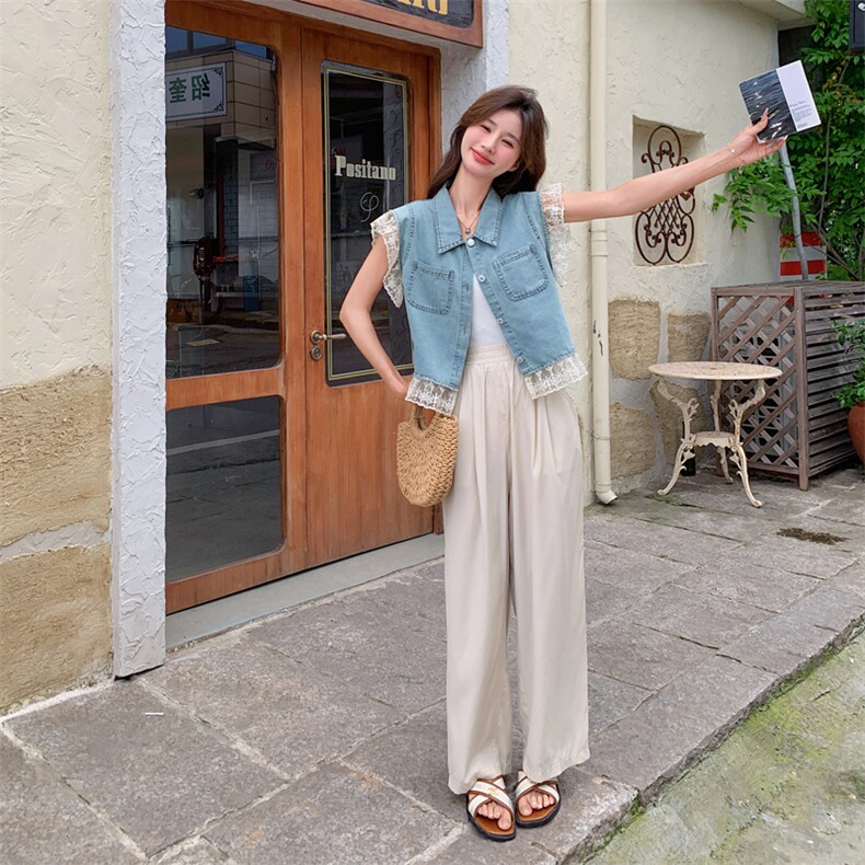 韩版减龄蕾丝边牛仔马甲上衣套装女2025夏季新款显瘦阔腿裤两件套,女装套装/套裙,多米2-075