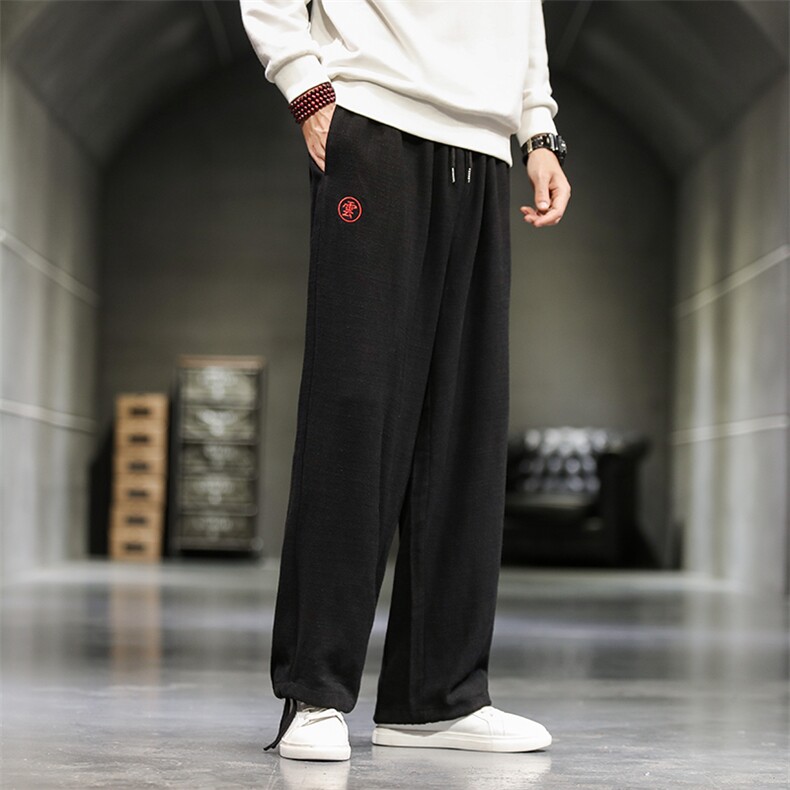 秋季宽松直筒裤棉麻云字刺绣休闲裤大码男阔腿长裤子复古/，男装休闲裤，电商B275
