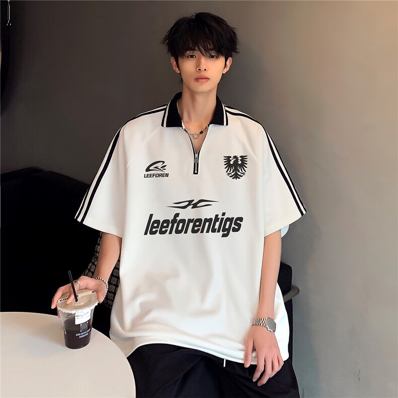 美式潮流半拉链polo衫男港风夏季宽松三条杠插肩袖短袖T恤T81-P38,男装T恤,电商C307