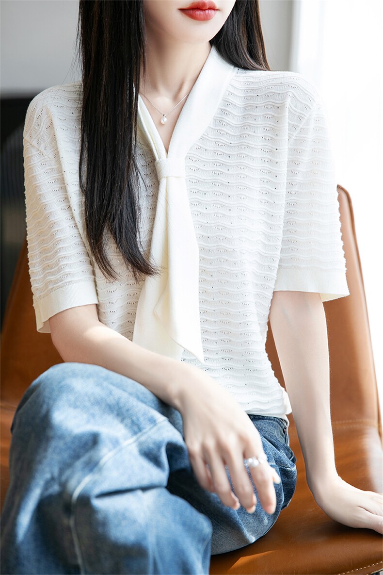 2025夏季女士舒适简约百搭纯色镶钻飘带短袖,女装T恤,盛世绒华