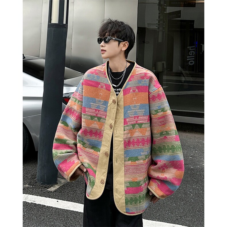 春秋复古宽松民族风撞色夹克男休闲V领纽扣彩虹外套潮 JK6621-P65图片
