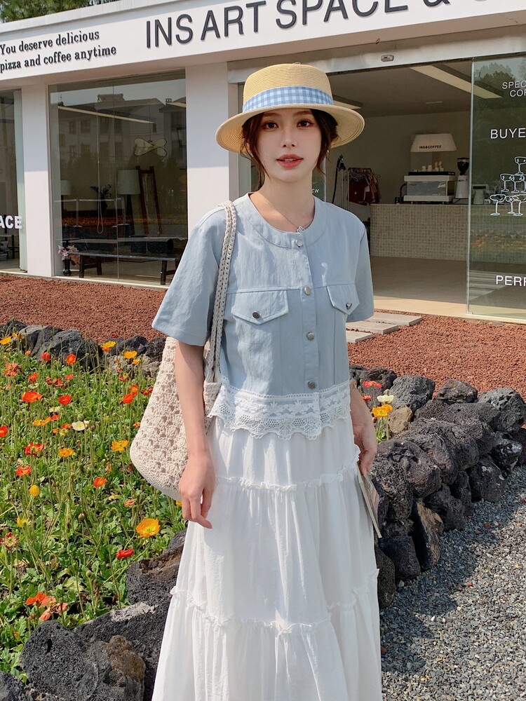 小清新蕾丝花边上衣半身裙套装女夏巨好看洋气减龄显瘦遮肉两件套,女装套装/套裙,2C133