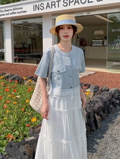 小清新蕾丝花边上衣半身裙套装女夏巨好看洋气减龄显瘦遮肉两件套，女装套装/套裙，2C133