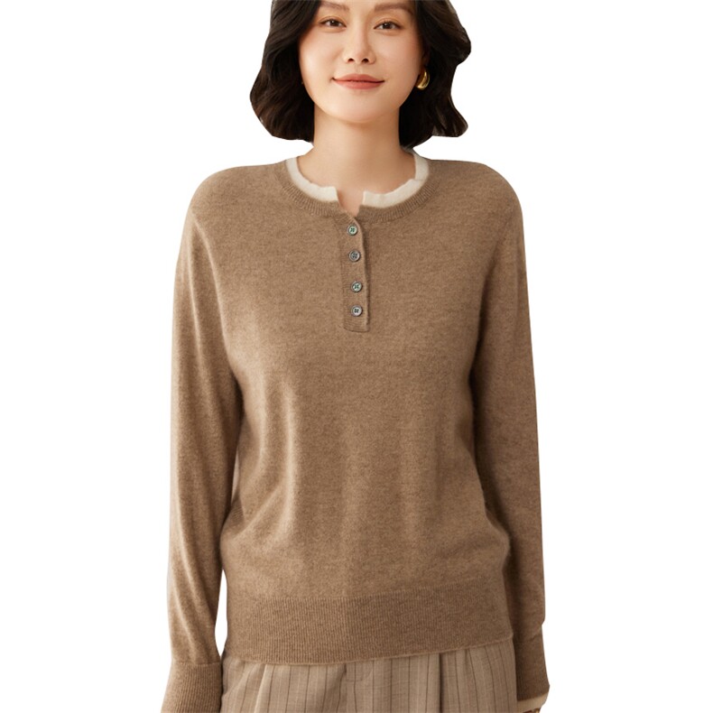 时尚百搭贝壳扣假两件女士衫优雅显瘦10%长袖毛衣,女装羊绒衫,昭美羊绒
