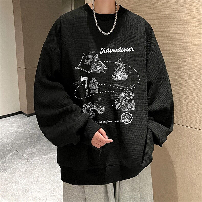 华夫格卫衣圆领卫衣男大码长袖t恤男外套HW76336-P30加绒款-P40,男装卫衣,电商A040