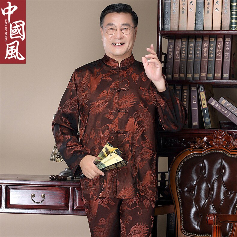 主推风中老年唐装男春秋长袖套装太极服丝绸爷爷装,男装中老年男装,钱塘723