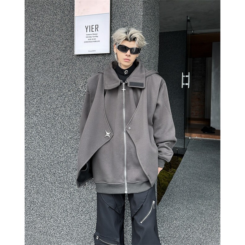 现货25秋冬设计感假两件暗黑高克重仿风连帽拉链开衫卫衣WY34-P98,男装卫衣,电商B288