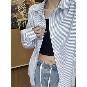 欧若风黑白条纹衬衫男女款美式复古情侣长袖衬衣温柔高知穿搭外套图片