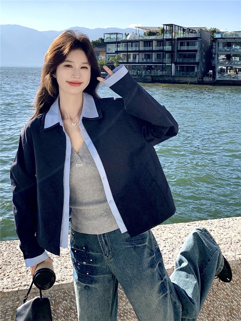 蓝色撞色衬衫领短款夹克外套女2026春秋新款韩系时髦减龄夹克显白,女装短外套,艾米莉亚