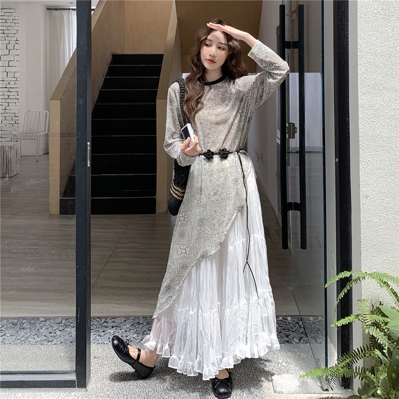 秋季半身裙长袖雪纺衫时尚两件套女，女装套装/套裙，秋水欣儿