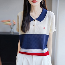 夏季新款POLO领刺绣拼色短袖针织衫女宽松透气莱赛尔天丝T恤上衣，女装针织衫/毛衣，唐诺
