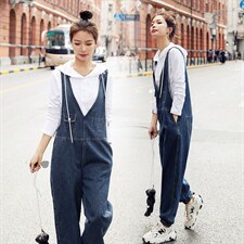 时尚牛仔背带裤女春季新款显瘦百搭休闲裤，女装休闲裤，秋水欣儿
