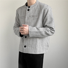 小香风短款垫肩格子外套男痞帅飞行夹克新中式西服W6647-P65，男装夹克，星座412-3