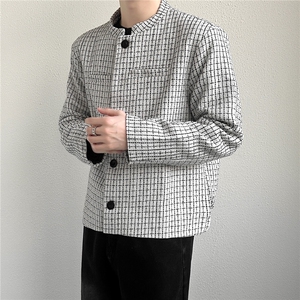 小香风短款垫肩格子外套男痞帅飞行夹克新中式西服W6647-P65图片