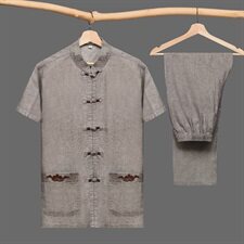 M-7XL中国风中老年唐装男短袖棉麻套装加肥大码爸爸装T002款，男装民族服装，星座802